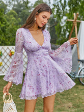 Bell Sleeve Floral Fantasy: Double Crazy Plunging Neck Chiffon Dress